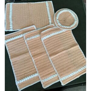 Vtg Handmade Crocheted Knit Place Mat Set Of 4 & Potholder Cottagecore‎ Granny